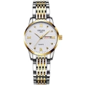 Elegant two-tone stainless steel lady quartz watch with double calendar and diamond hour markers - Two-tone White Dial