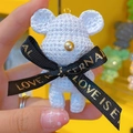 White knitted resin bear keychain with LOVE ribbon and golden nose for schoolbag - Single Doll / White