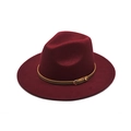 Close-up of burgundy felt fedora with thin brown leather belt and gold buckle detail - M(56-58cm) / Burgundy