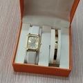Coffret montre femme rectangulaire dorée bracelet cuir blanc et jonc gravé LOVE - Style 25 (Sans boîte)