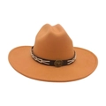 Camel wide brim wool felt jazz hat with dark brown leather band and white stitching - Camel