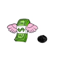 Cartoon emaille speld van een groen dollarbiljet met roze vleugels en rubberen sluiting - Vliegend Geld (CZ0685-2)