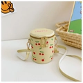 Detail of yellow PU bucket bag with cherry prints and embroidered cherry text for girls - Yellow