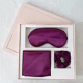 Detailed view of dark purple satin sleep set with eye mask and scrunchie in gift box - Purple Gift Box Set (Eye Mask + Pillowcase + Scrunchie)