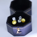 Elegant gold pearl earrings with a clear zircon stone set in a blue velvet gift box - Gold