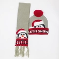 Grey and red knitted Christmas hat and scarf set featuring penguin design and LED light - Set 12 (Grey Red Penguin)