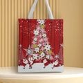 Detail of red Christmas canvas tote bag with Santa Claus and tree print on beige pedestal - Style 37