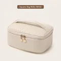 Large capacity woven PU leather toiletry bag in creamy white with dual zippers - Square Bag / Cream
