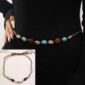 Bohemian braided waist chain with turquoise stones and shells on a black dress - Turquoise Shell Decor (1484) / Antique Gold
