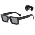 Vintage-Sonnenbrille mit schwarzem Rechteckrahmen, grauen Gläsern und Goldakzenten - Glänzendes Schwarz Rahmen Graue Linse