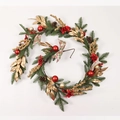 Close-up of artificial Christmas garland with red ornaments, gold leaves, and pine cones - T678/180 Garland (No Lights)