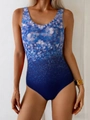 Detail of one-piece swimsuit featuring blue gradient and artistic bubble pattern design - 3XL / Blue Gradient