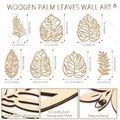 Size chart for a 7-piece set of wooden palm leaf wall art with dimensions and leaf styles - New Brown 7Pcs Set