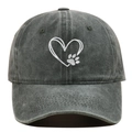Detailed view of white heart and paw embroidery on vintage washed charcoal baseball cap - Adjustable / Army Green