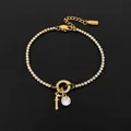 Elegant 14K gold-plated stainless steel tennis bracelet with crystal and letter f pendant - Letter F