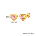 Detailed view of heart-shaped gold steel studs with pink zircon and dimensions - Earrings/Pink Zirconia