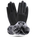 Guanti invernali neri in pelle PU da donna con bordo spesso in ecopelliccia grigia - Liscio / Nero