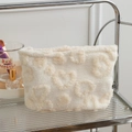 Plush white fleece makeup bag with textured heart pattern and portable design - Beige Heart