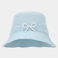 Detail of light blue bucket hat featuring pearl bow accent and matching ribbon trim - Light Blue