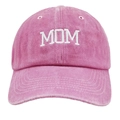 Close-up of MOM embroidery on vintage washed cotton baseball cap in rose pink - Washed MOM Pink