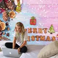 Arazzo natalizio con lettere di biscotti e motivo festivo a grana di legno - Biscotti di Natale-SD26