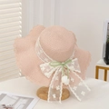 Pink straw sun hat with white lace ribbon, flower embroidery, and green bow detail - Single Flower Decoration - Pink