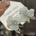 Elegant mint green flower stud earrings in copper with sparkling center zircon crystal - Ink Green Flower (1558)