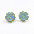 Blue rose flower earrings in gold plating with elegant camellia enamel petals - Blue