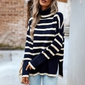 Gestreepte coltrui voor dames in marineblauw en beige gebreide wintertrui - S / Marineblauw