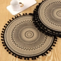 Round beige jute placemat featuring black geometric patterns and fringe tassel edges - 38cm / Pom Pom Edge Boho Black