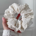 Elegant white lace scrunchie with hollow floral lace texture and pleated design - Double Lace White