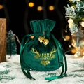 Sacchetto regalo di Natale in velluto verde scuro con corna di renna d'oro e campanelli - Taglia Grande【12*15cm】 / Verde Scuro-Campanello senza Rete Logo Renna