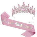Set corona rosa Birthday Queen e fascia glitterata con cristalli e testo olografico - Set Fascia Glitterata It's my Birthday
