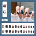 Blue plaid and heart press-on nails set in short square shape with checkered design - Vintage Gray Blue (Z558)