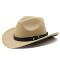 Close-up of camel wool fedora hat with black leather strap and silver metal buckle - M (56-58cm) / Camel