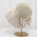 Elegant beige straw sun hat with mesh bow and woven texture on gold display stand - M(56-58cm) / Khaki
