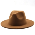 Detailed view of camel wool fedora hat showing sturdy reinforced stitching on flat brim - M (56-58cm) / Khaki