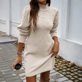 Elegant beige knit turtleneck mini dress with pearl accents and puff long sleeves - S / Khaki