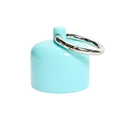 Close-up of portable mint blue jewelry container with a silver keychain ring - Blue