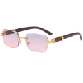 Irregular square rimless sunglasses with wood grain temples and pink purple gradient lenses - Gold Frame Grey Pink Lens
