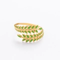 Luxury 18K gold plated stainless steel open ring with green enamel leaf wrap design - Gold with Green Leaf