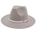 Classic grey felt fedora hat with a slim white belt buckle band on a white background - M (56-58cm) / Light Grey (White Belt)