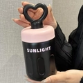 Pink and black portable vacuum insulated water bottle with a heart-shaped handle - 500ml / Black - Silk Screen Print