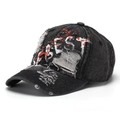 Close-up of distressed denim baseball cap featuring BEST embroidery and red paint splatters - One Size(Adjustable) / Black - BEST Letters (C)