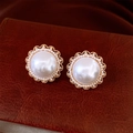 Vintage style earrings with large white pearl center and gold crystal flower border - 79# Silver Earring Post - Gold - White - Wavy Edge Pearl Baroque