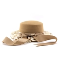 Detail of wool felt bucket hat with satin bow and delicate white lace trim on the brim - M(56-58cm) / Camel