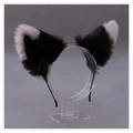 Handmade black and white plush cat ear headband on a clear display stand - One Size