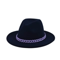 Detail of dark blue fedora hat featuring a matte purple chunky chain accent on the brim - Navy Blue(23)