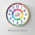 Horloge murale éducative chat arc-en-ciel pour enfants avec cadre en or rose - 10" / Chat Arc-en-ciel No.2 Cadre Or Rose