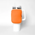 Detail of an orange neoprene zipper pouch attached to a 40oz stainless steel tumbler - Single Pocket Orange